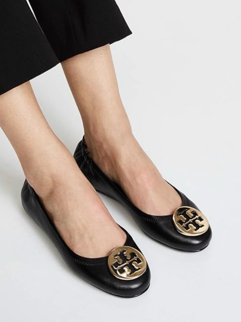 Tory Burch Black Leather Ballet Flats with Gold Logo Medallion